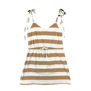 Pink Lilly Dress Women's Medium Tan White Striped‎ Tie Straps Stretch Drawstring